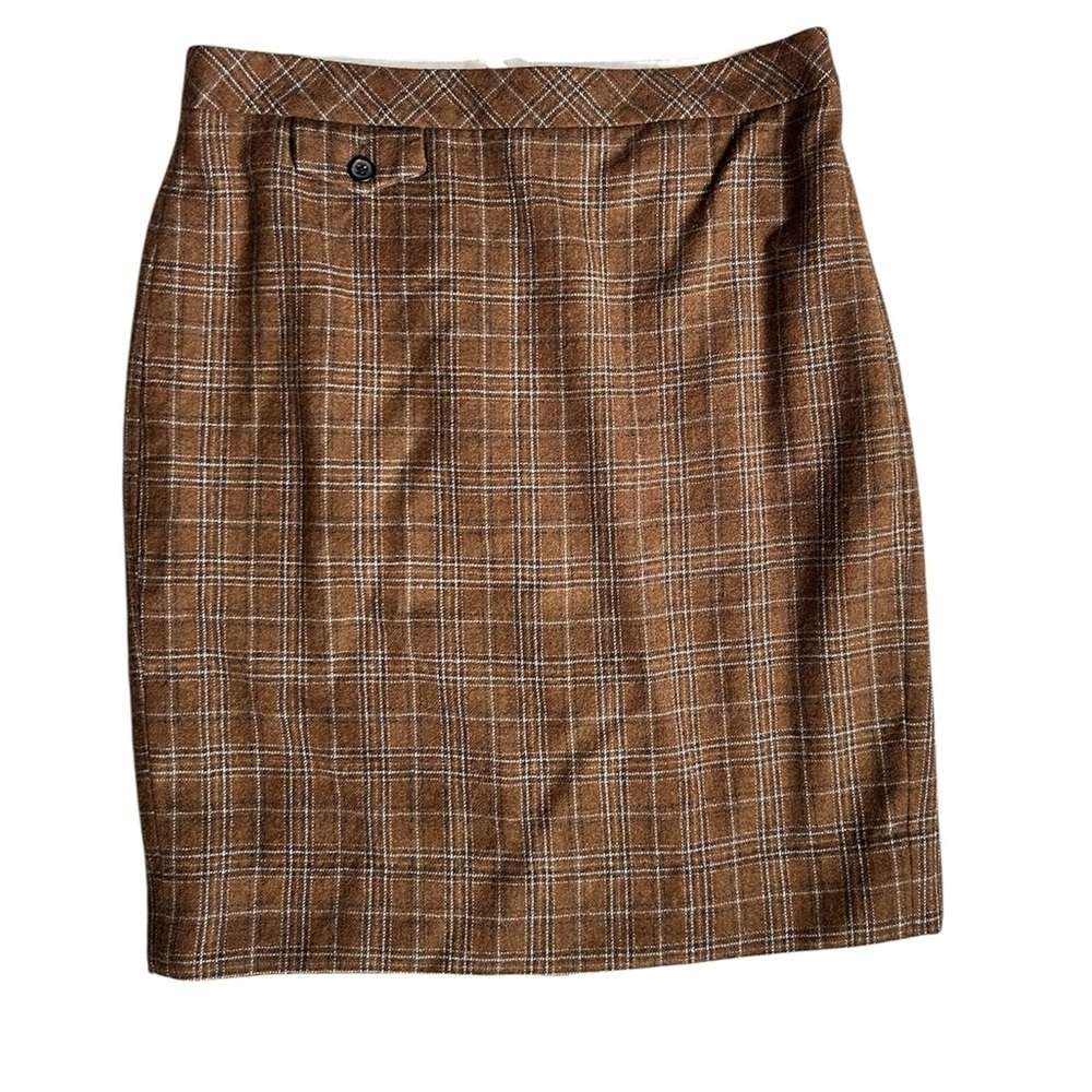 J. Crew 100% Wool No. 2 Pencil Skirt in Brown Plaid Pattern size 6 Petite